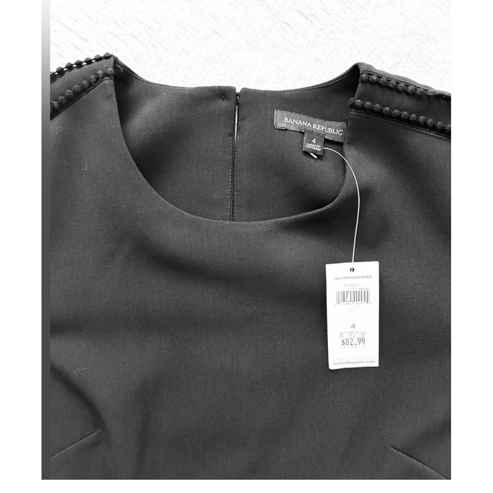 Banana Republic Shift Dress Women 4 Black Pom-Pom Trim Long Sleeve Professional - Picture 4 of 14